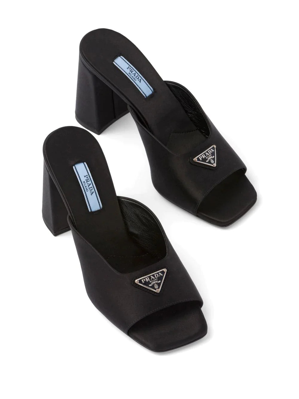 Enamel triangle logo 85mm high-heel satin slides