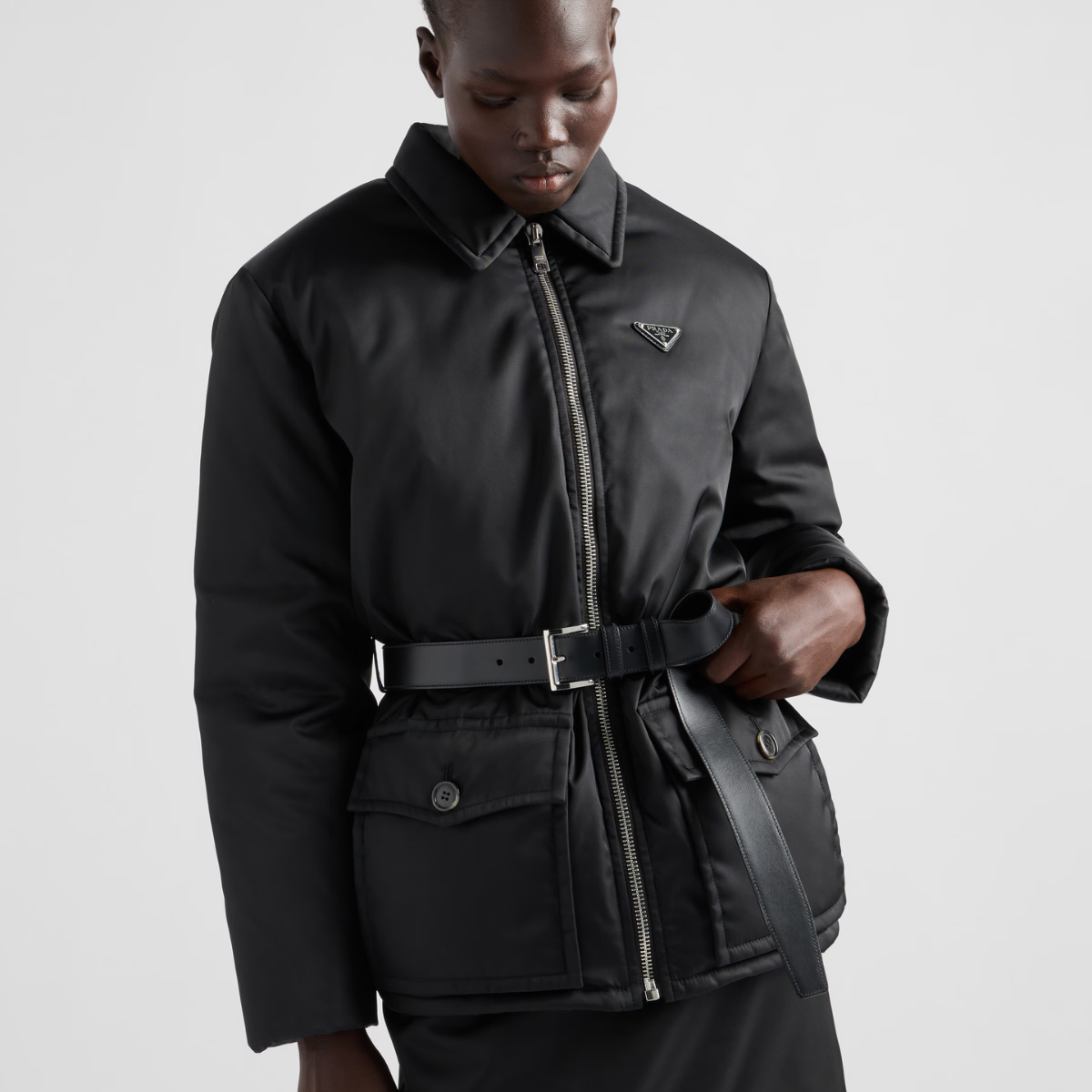 Re-Nylon down jacket with belt